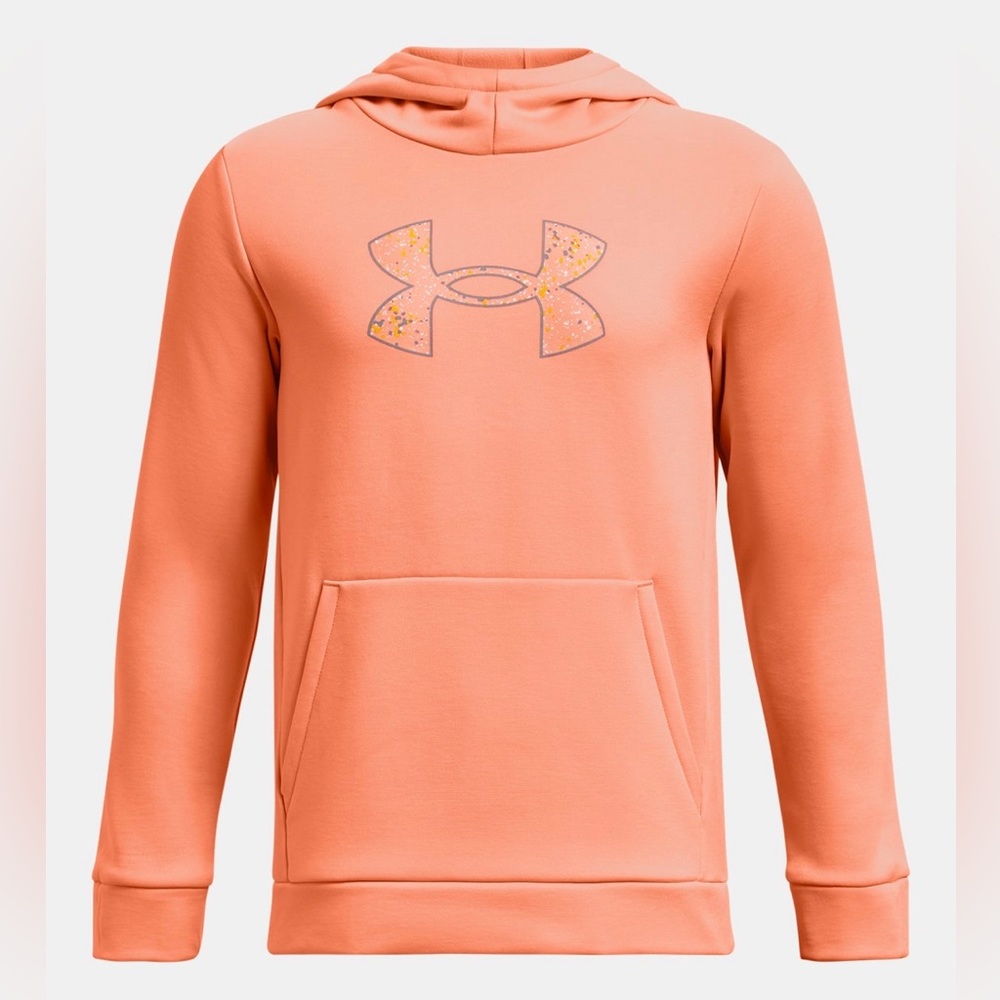 Under Armour Boys Hoodie Small Orange Fleece Pullover Logo Sweatshirt